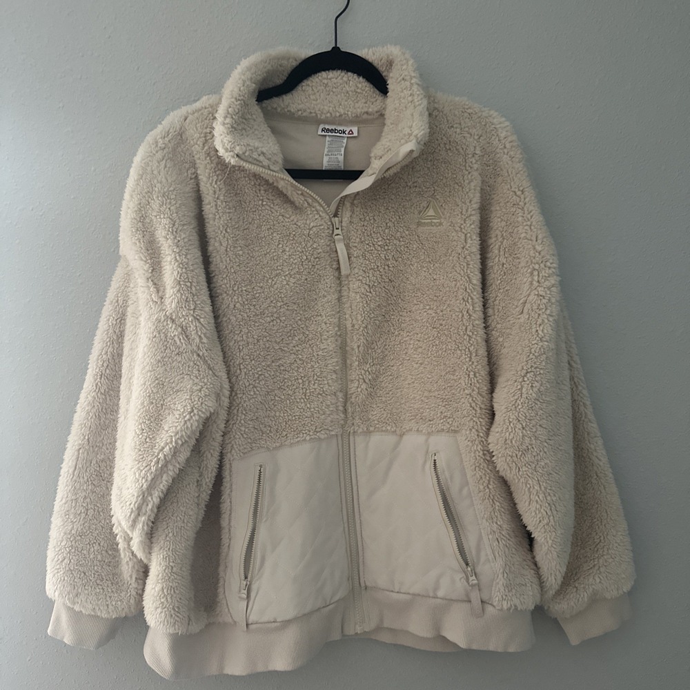 Reebok Women's XXL Sherpa Fleece Full Zip Jacket Cream Beige Cozy Pockets